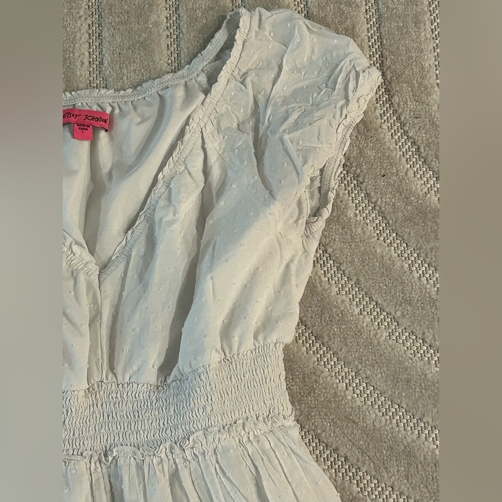 Betsey Johnson Cotton Clip Dot Smocked Puffed Sleeve Midi Dress - L - Picture 8 of 14